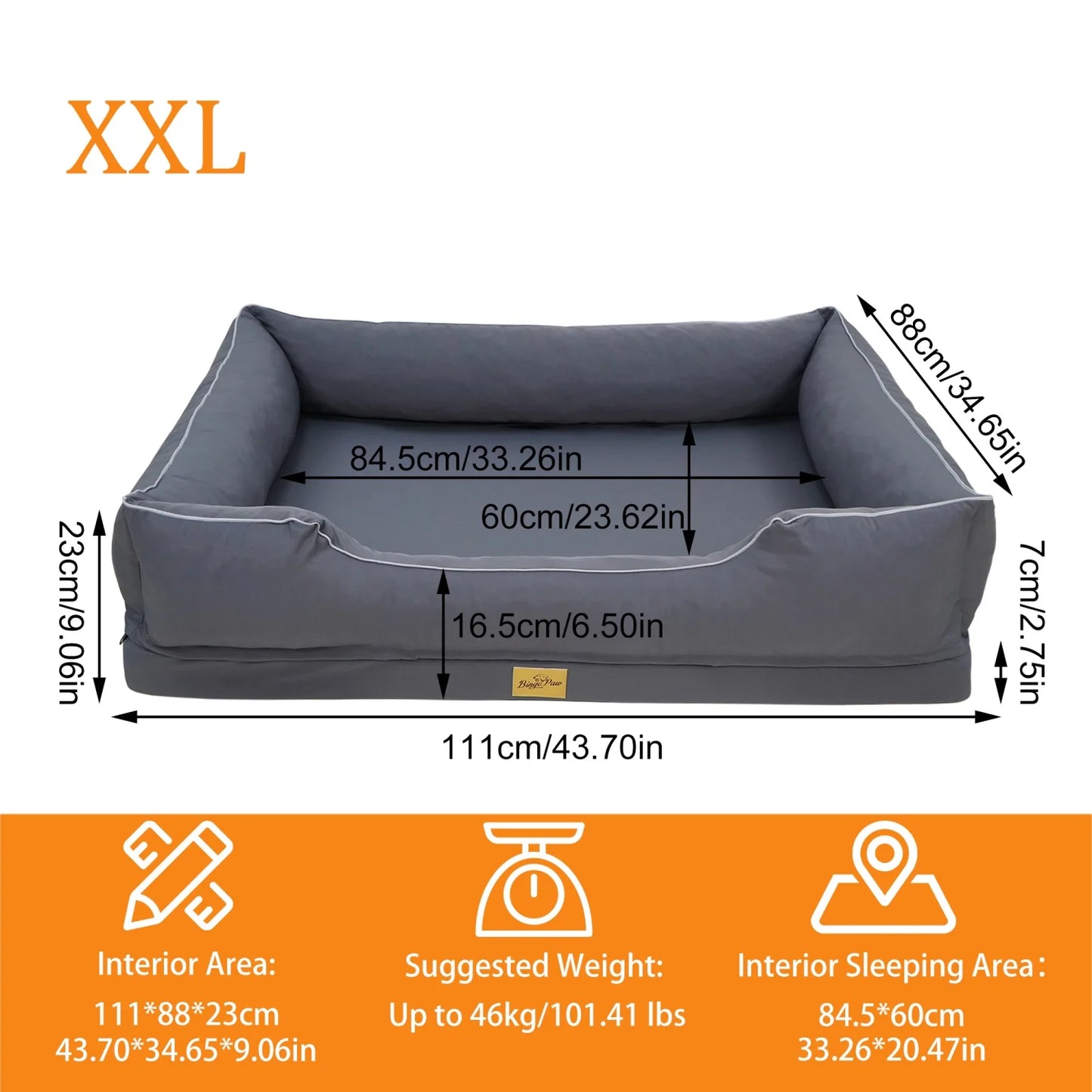 Orthopedic Dog Beds Dark Grey Pet Sofa Cushion with Removable Machine Washable Cover Foam Base & Bolsters Dog Couch for Large Medium Small Dogs