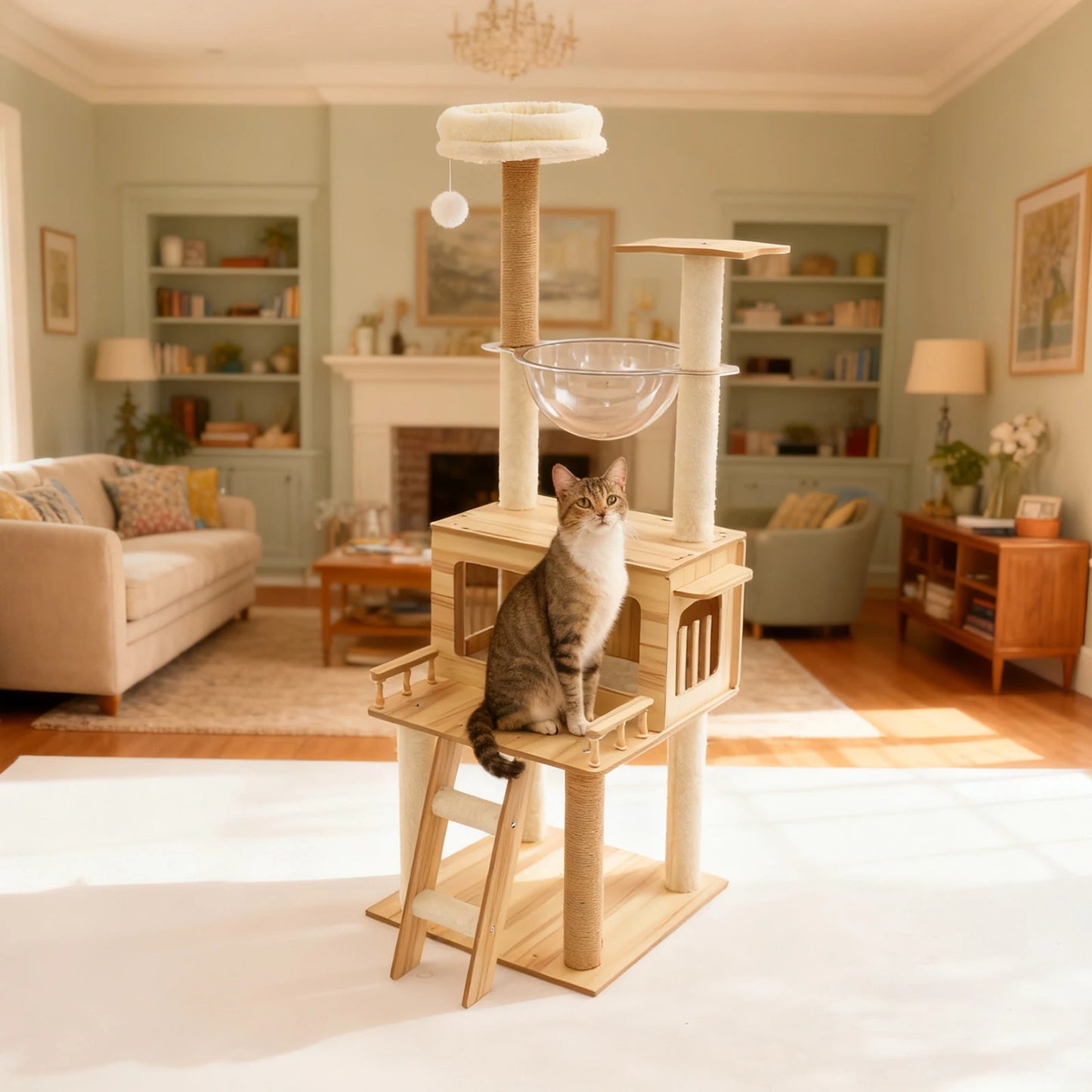White+Wood Cat Tree for Indoor Cats - 50cm x 50cm x 147cm Cat Scratching Climbing Tower, Floor Mount, 12.83kg Net Weight