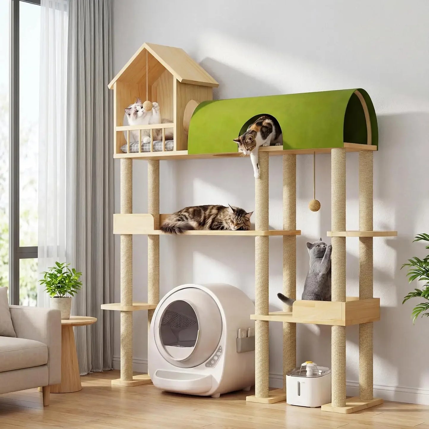 60" Solid Wood Cat Tower for Heavy Cats, Space-Saving with Litter Box Area, Multi-Level for Indoor Multi-Pet Homes