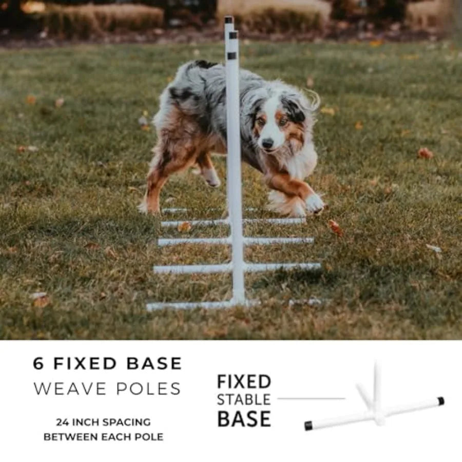 Elite Agility Set for Dogs w/Safety-Focused Features 7Pc Agility Kit 2 Bar Jumps w/Cup Strips Breakaway Tire Jump 6 Weave Poles