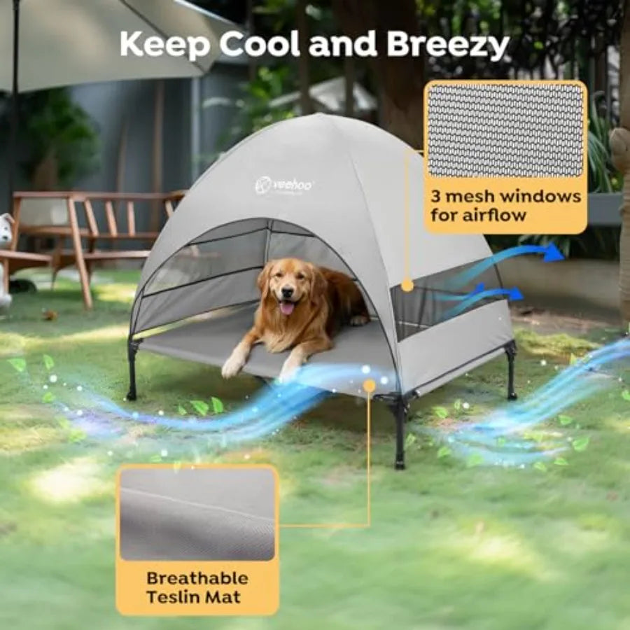 Outdoor Dog Bed with Canopy, Cooling Elevated Pet Cot with Removable Shade, Non-Slip Feet, Raised Dog Cot for Large Dogs