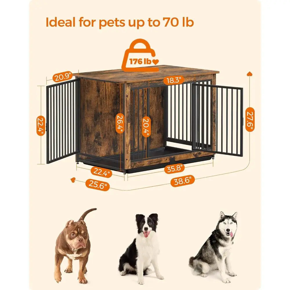 Rustic Brown 38 Dog Crate with Removable Tray, Suitable for Dogs up to 70 lbs, Double Door Kennel Furniture