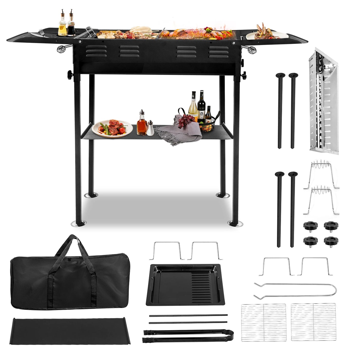 Portable Charcoal Grill Foldable Kabob Barbecue for Camping Hibachi Griddle Lamb Skewer Garden Backyard Party Picnic Black