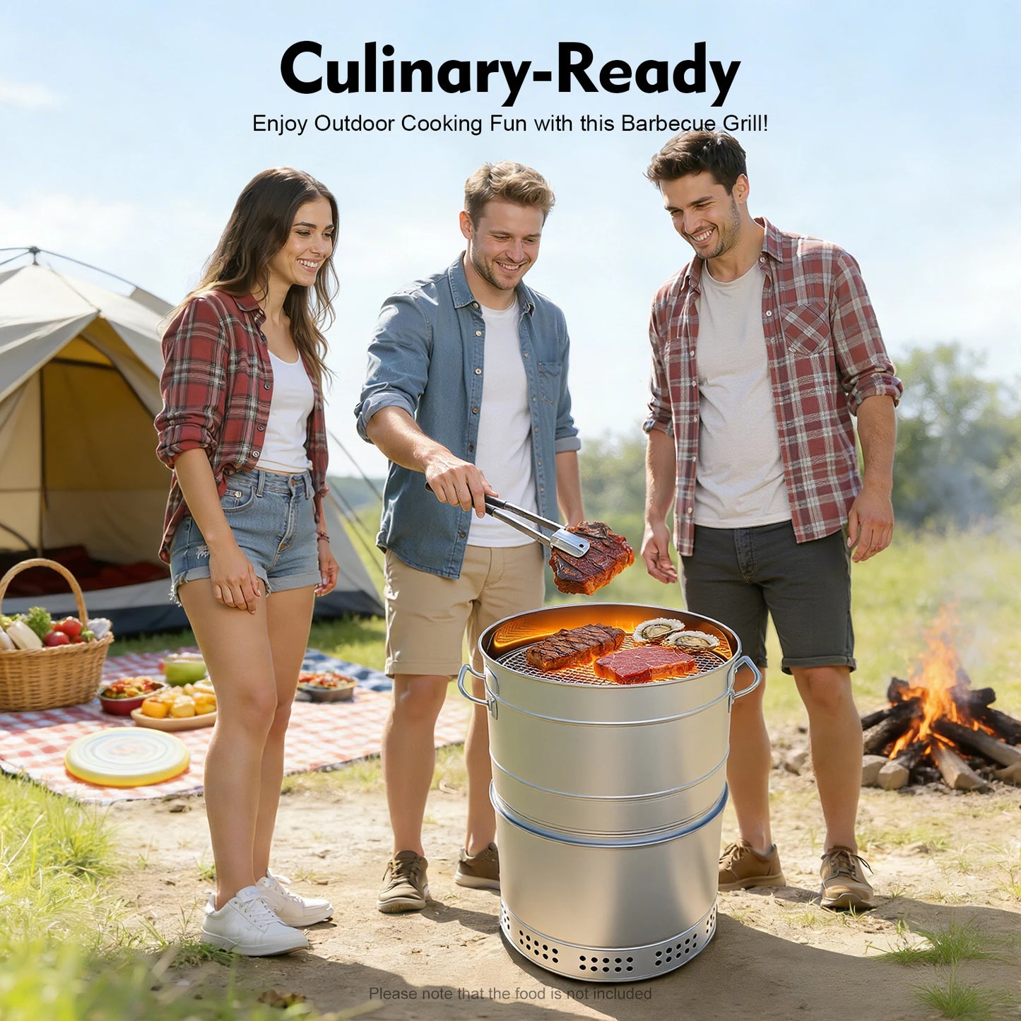 Portable Charcoal Barbecue Grill – 201 Stainless Steel – 16.14"x25.98" – 360° All-Round Grilling – Oil-Carbon Separation – 50 Skewers – Vertical Hanging + Grill Net – Fire Pit – for Camping Party Backyard