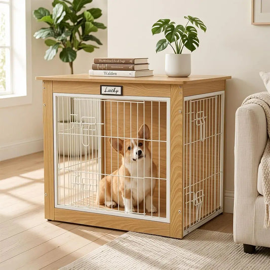 Oak Dog Crate Furniture with Reversible Side Door, 28'' Wooden Indoor Dog Kennel or Small Medium Dogs, Furniture Style End Table