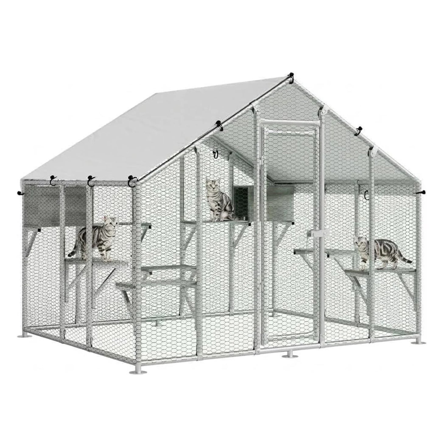 Outdoor Extra Large Walk-In Cat Catio Enclosure With Roof, Rest Boxes, Play Shelves, 7 Platforms, Chicken Run Coop for Patio, Yards