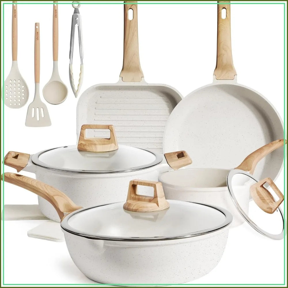 16Pcs Ceramic Nonstick Pots and Pans Set, Includes 9.5" Grill Pan, Induction Compatible, PTFE & PFOA Free, White Stackable Cookware for RV Camping