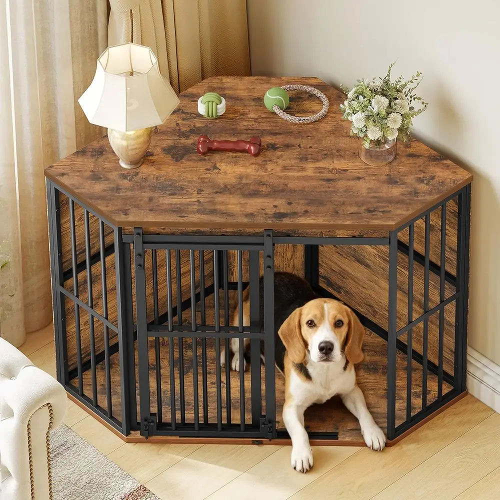 Corner Dog Crate Furniture with Barn Door, Heavy Duty Dog Kennel Indoor, Wooden Decorative Pet Cage for Small, Medium Dogs, Space Saver