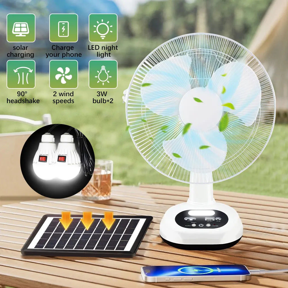 Rechargeable Fan With Solar Panel USB Charging Desk Fan, 90 Degree Oscillation 2-Speed Adjustable Portable Solar-Powered Fan With LED Night Light Phone Charging Output for Outdoor Camping Home Use