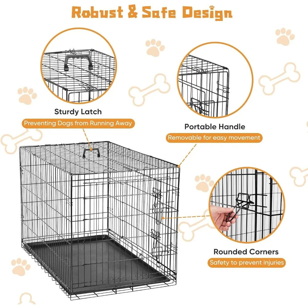 Dog Crate, 48 Inch Extra Large Double Door Dog Cage with Plastic Leak-Proof Pan Tray, Folding Metal Wire Indoor, Outdoor, Travel