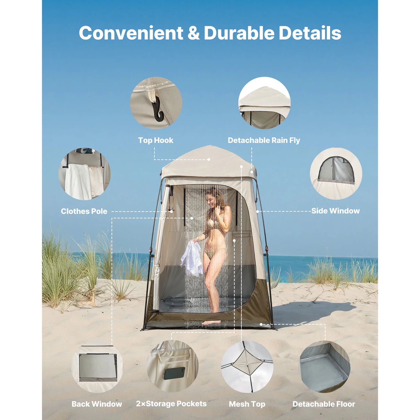 Camping Shower Tent 1 Room Foldable Privacy Tent Changing Room with Ground Stakes Ropes Carry Bag and Crossbar