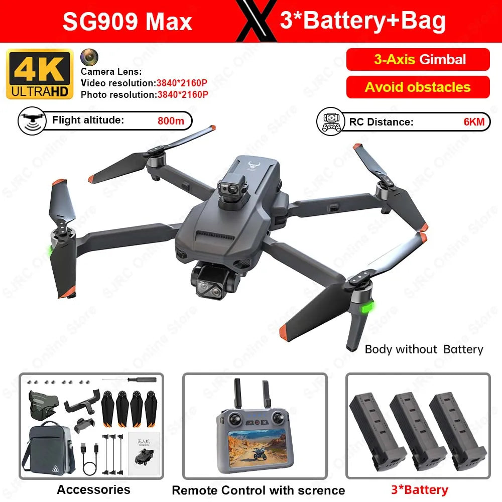 SG909 6KM GPS Drone 4K Professional 3-Axis Gimbal 360 Laser Obstacle Avoidance 4K Camera RC Drone FPV Brushless Quadcopter