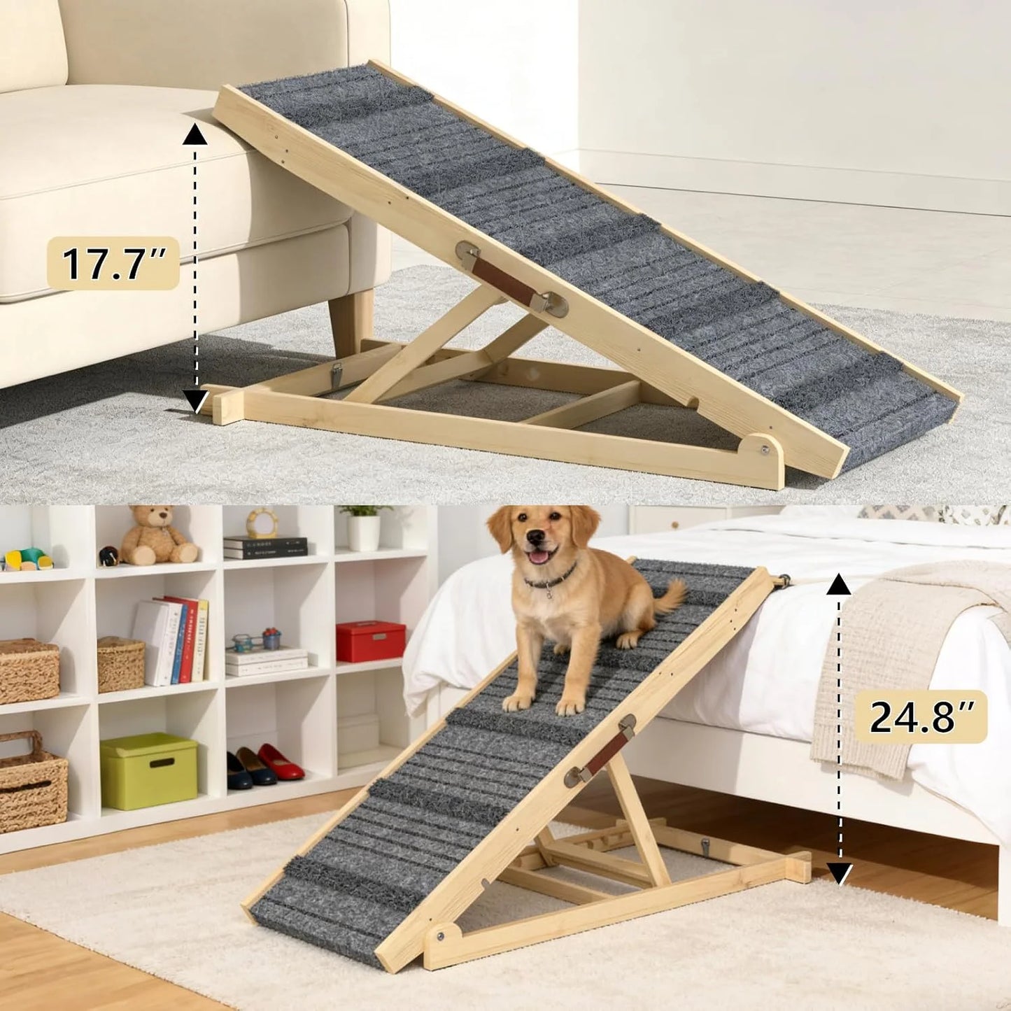 Adjustable Dog Ramp Pet Wooden Folding Dog & Cat Stair for Couch High Bed Non Slip Carpet Surface 7 Levels Height Adjustable