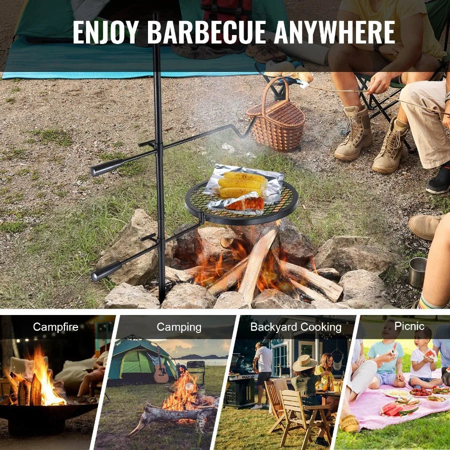 Swivel Campfire Grill for Fire Pits Heavy Duty Steel 360 Adjustable Outdoor Cooking Grate Portable Campfire Rack in Black