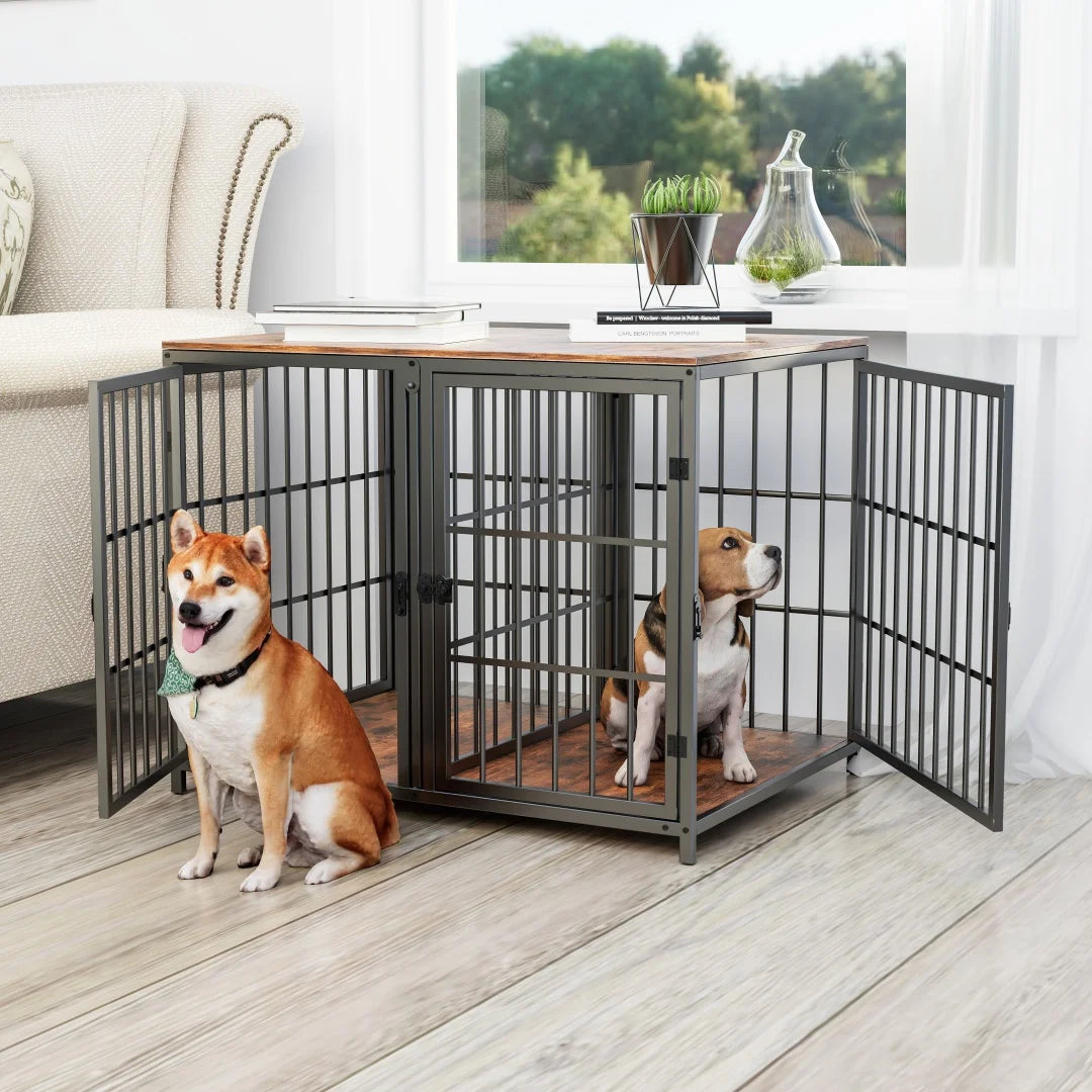 Heavy-Duty Wooden Dog Crate Furniture Side Table, Pet Kennel with 4 Doors & Lock Latches for Small/Medium Dogs