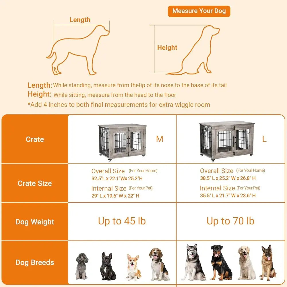 Dog Crate Furniture or Medium Dogs, 32'' Dog Kennel Indoor with Cushion & Wheels Wooden Dog Cage Double Door Dog Crate End Table