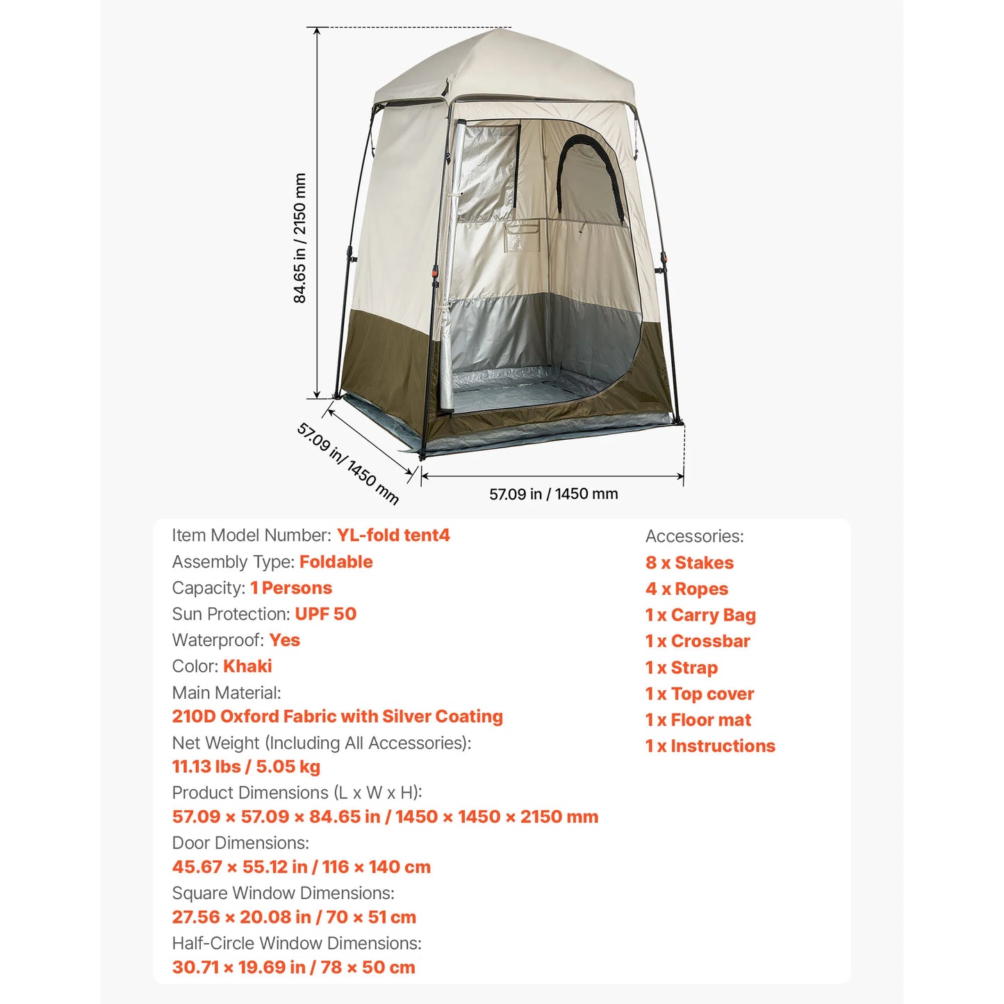 Camping Shower Tent 1 Room Foldable Privacy Tent Changing Room with Ground Stakes Ropes Carry Bag and Crossbar