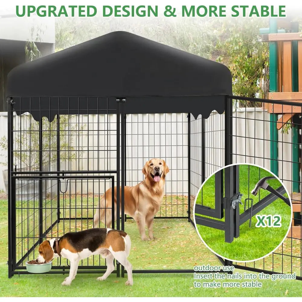 Outdoor Dog Kennel 4 x 4.2 x 4.5ft - Large Enclosure with Roof, Rotating Door, and Adjustable Bowls for Small to Medium Dogs
