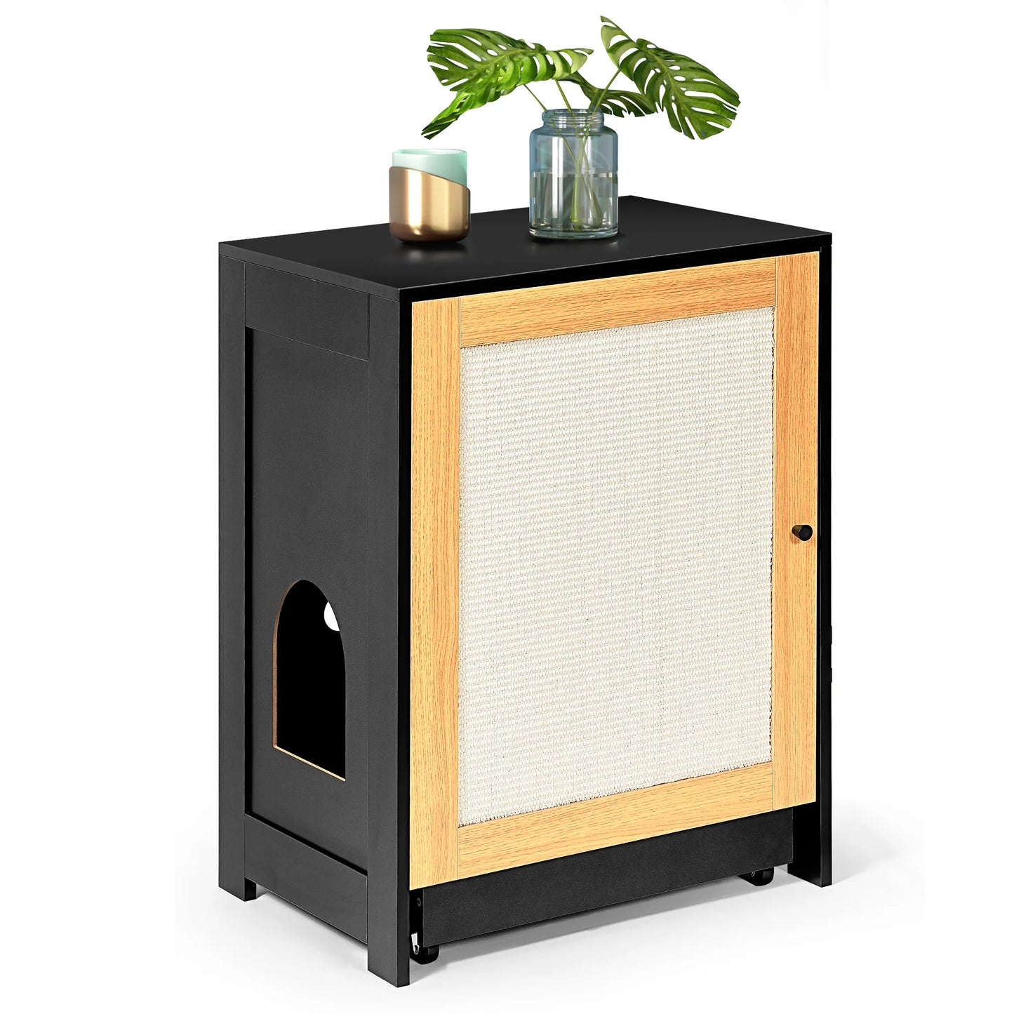 Black Cat Litter Box Enclosure, Hidden Litter Cabinet with Sisal Door, Multi-Functional Kitty End Table