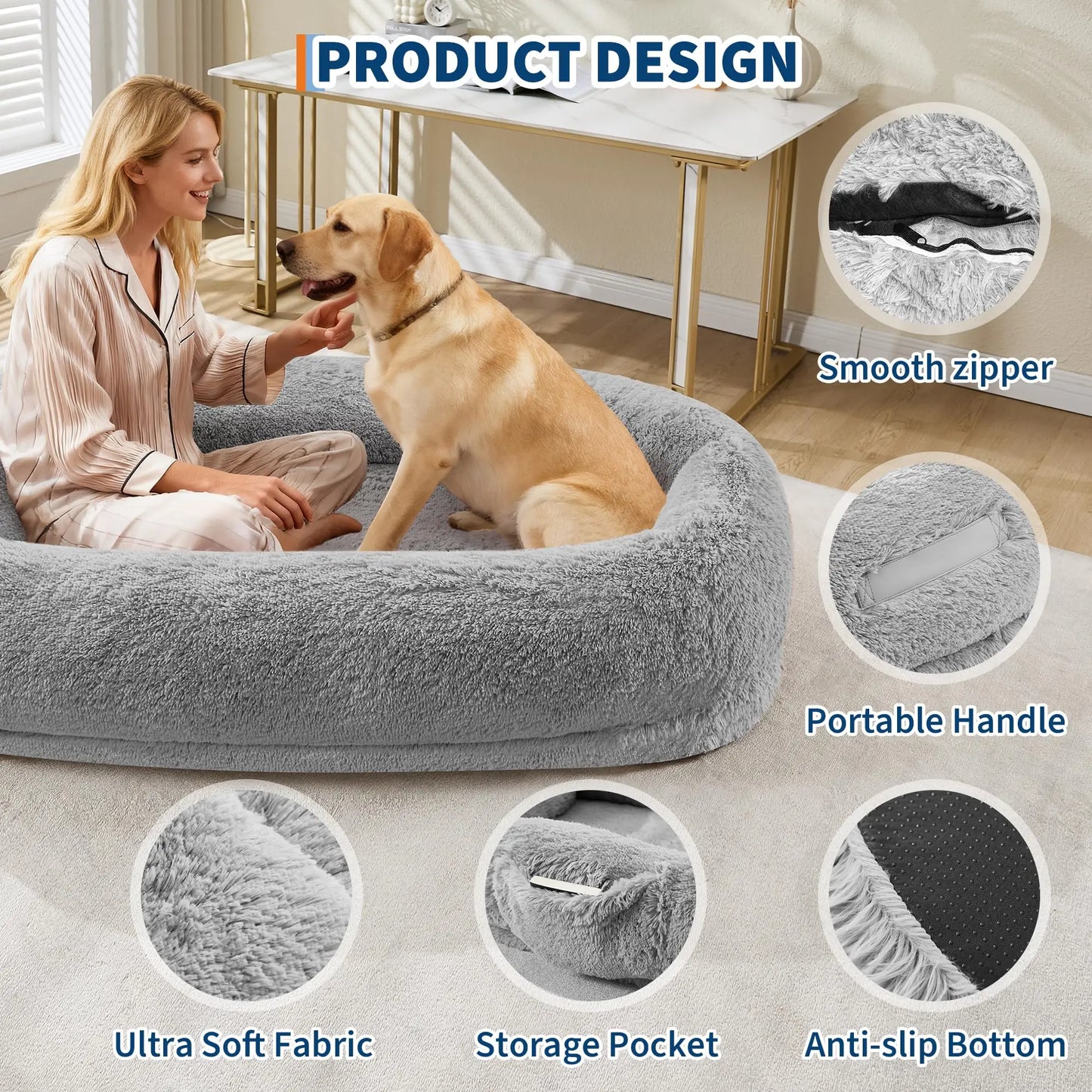 Oversized Human Dog Bed Orthopedic Faux Fur Pet Bed With Pillow Side Pocket Waterproof Lining & Anti-Slip Bottom