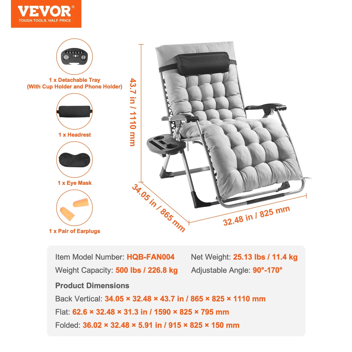 Zero Gravity Chair Zero Gravity Recliner Lounge Chair Adjustable Anti-Gravity Chair with Cushion Footrest and Cupholder