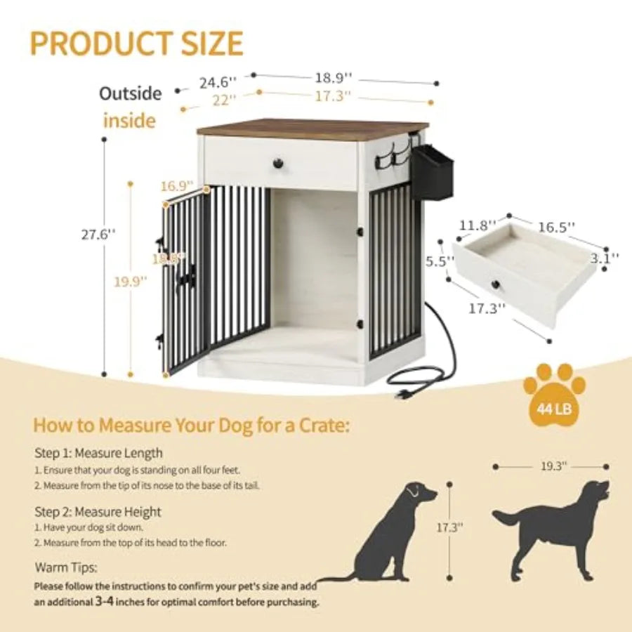24.6'' Dog Crate Furniture with Charging Station, Dog Kennel Indoor with Flip-Top Storage, Wooden Pet Cage Dog House End Side Table