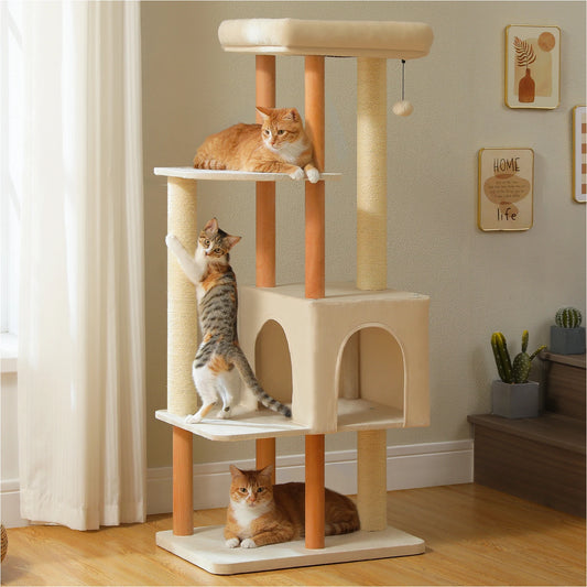 Modern Cat Tree for Indoor Cats, Multi-Level Cat Tree with Lage Cat Condo, Sisal Scratching Posts, Natural Wood Posts, Soft Bed