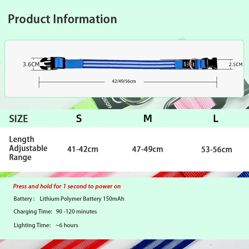 Light Up Dog Collar for Night Walk Color LED Glowing Pet Safety Collar Rechargeable Dog Necklace with Dog Harness Dog Leash Ring