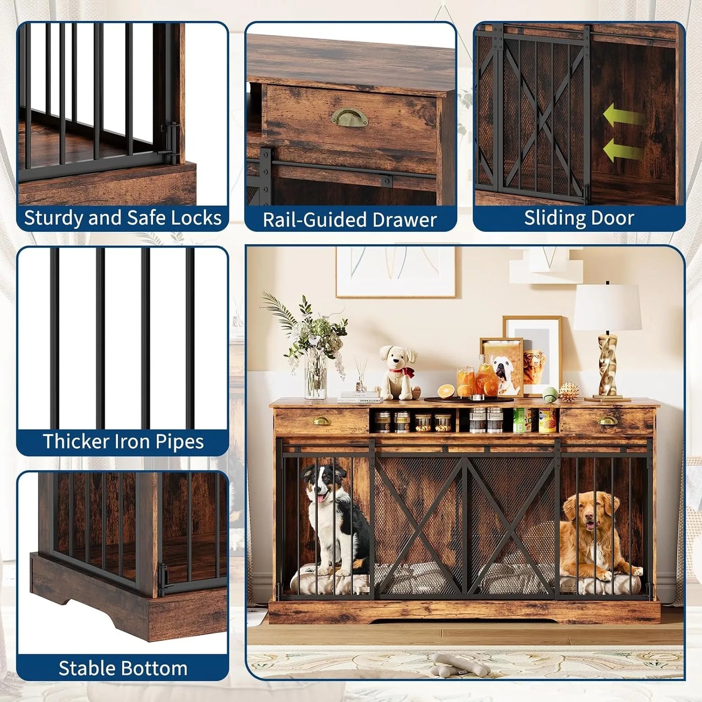 63 Inch Large Double Dog Crate Furniture with Divider Sliding Doors Storage Drawers Open Shelves Heavy Duty Wooden Indoor Dog Kennel Cabinet for Multiple Dogs Living Room Bedroom Entryway