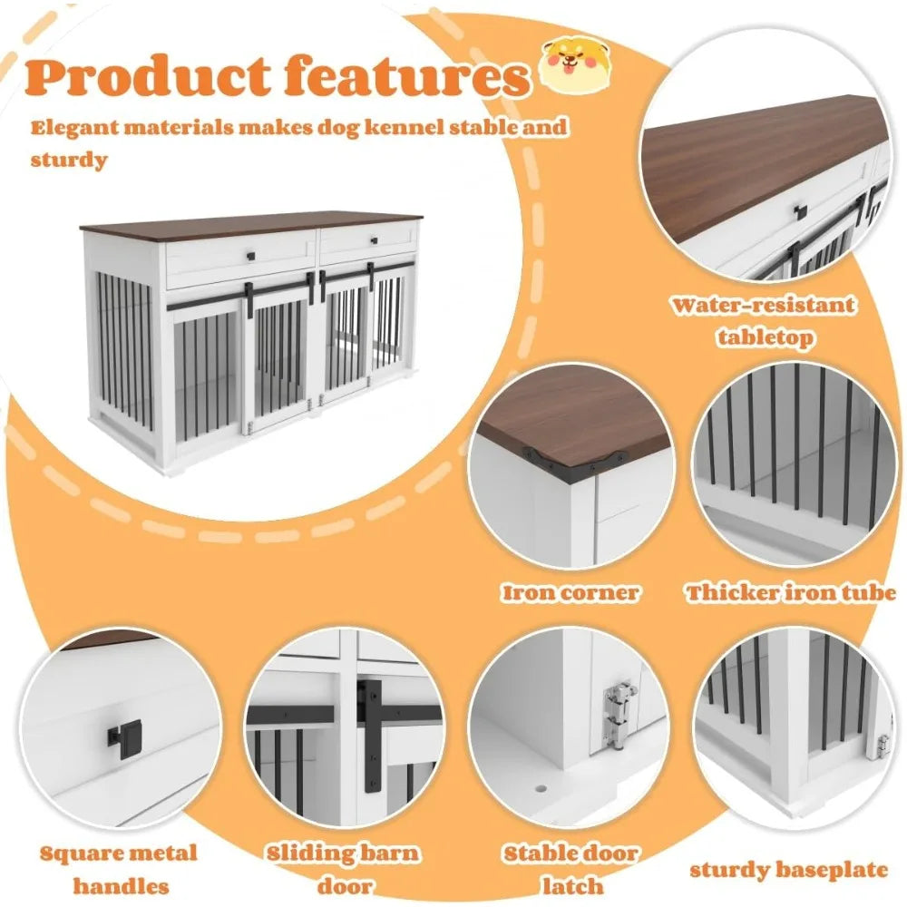 63'' Double Dog Crate Furniture for 2 Dogs, XXL Wooden 2 Dog Kennel, Wooden Dog Kennel with 2 Drawers, Divider and Sliding Door,