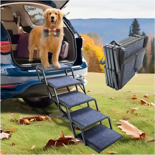 Dog Ramp for Car Truck, and SUV Dog Stairs for Large Dogs Folding Pet Stairs With Non-Slip Rug Surface Supports Up to 250 lbs