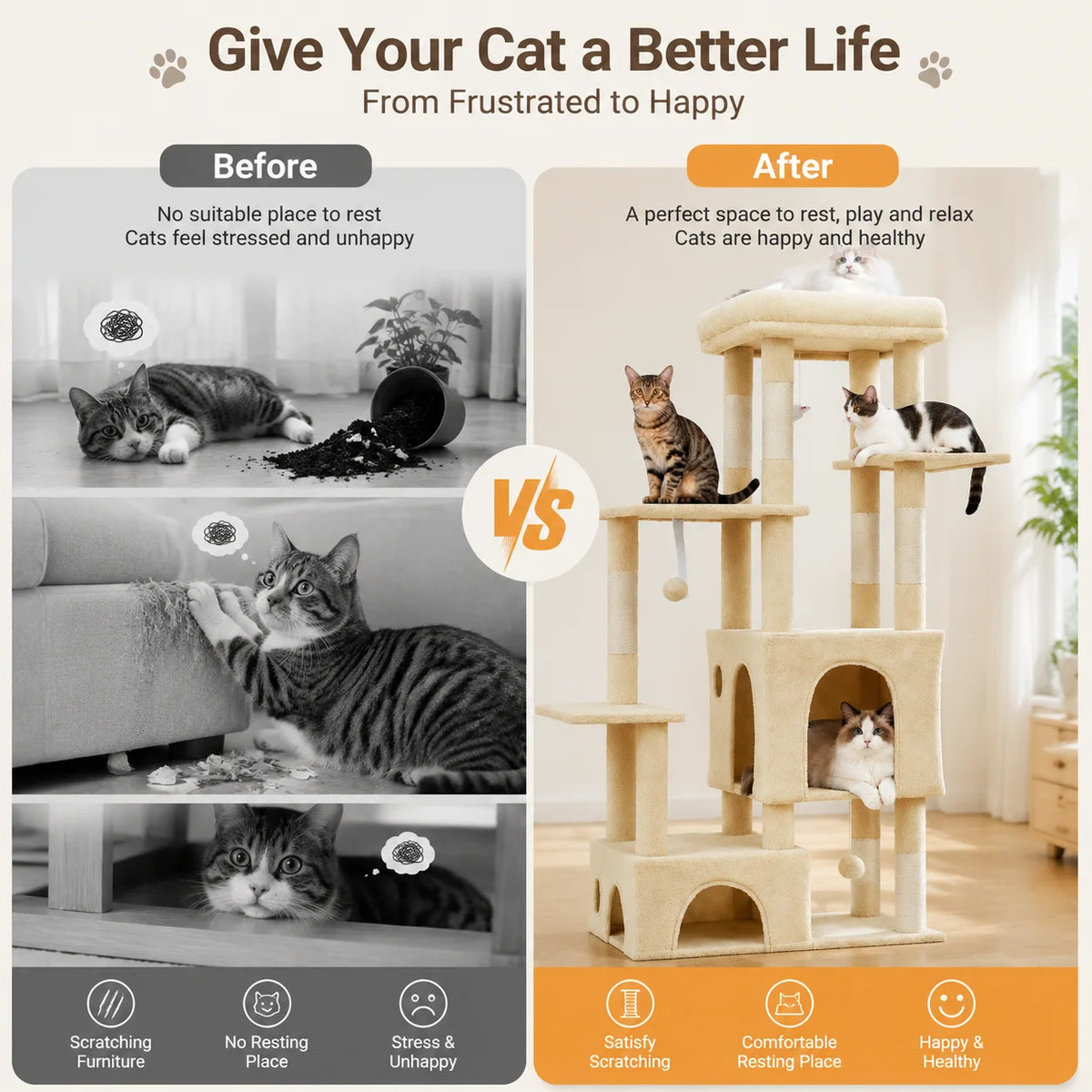 61-Inch Large Cat Tree Tower with 7 Scratching Posts, 2 Cat Condos, Top Perch Multi-Level Cat Climbing Tree Furniture with Hanging Toys Anti-Toppling Design for Indoor Cats Multi Cat Homes