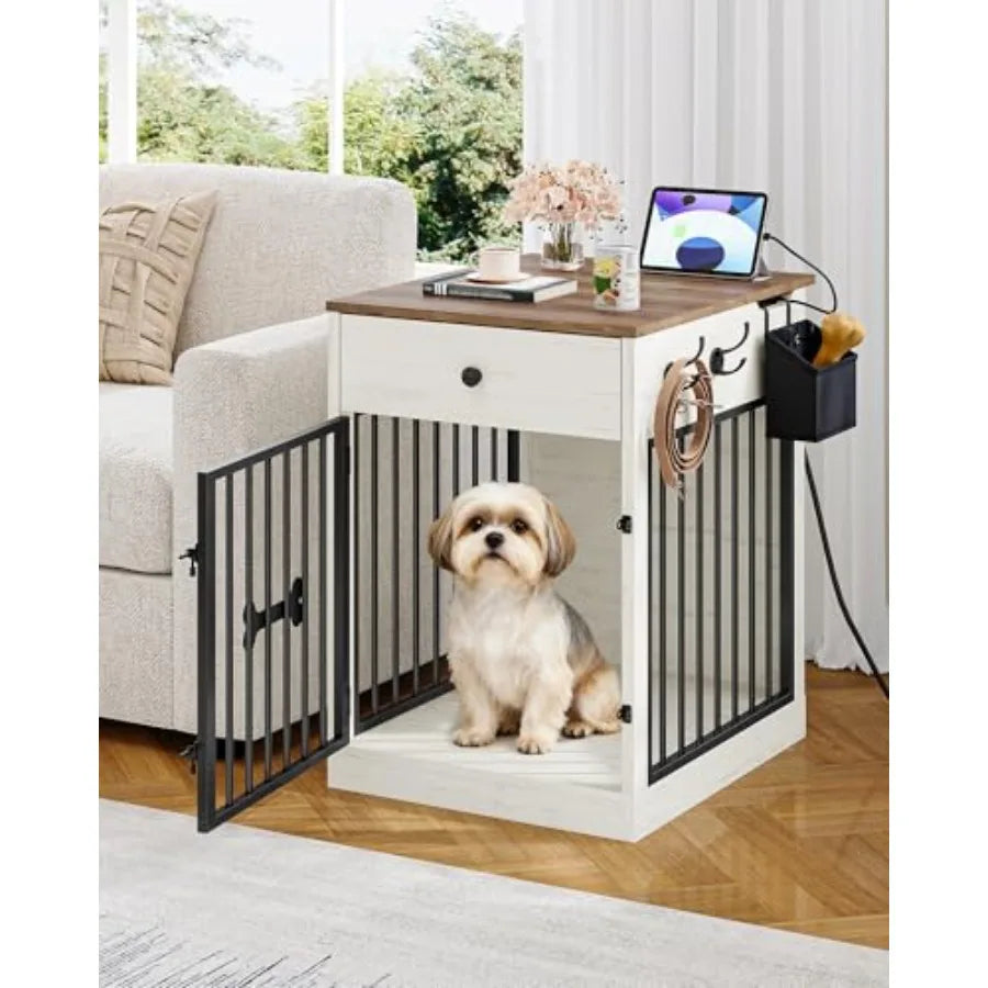 24.6'' Dog Crate Furniture with Charging Station, Dog Kennel Indoor with Flip-Top Storage, Wooden Pet Cage Dog House End Side Table