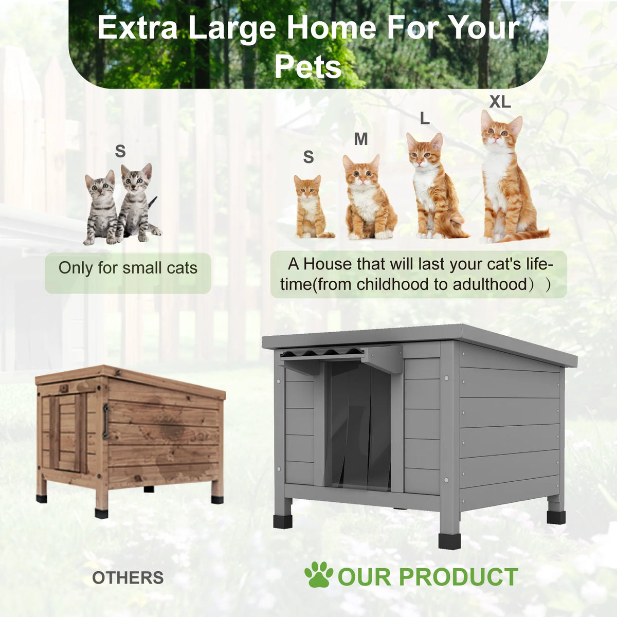 23.6" Wooden Outdoor Cat House, Weatherproof Shelter for Feral Cats, Elevated Feet & Corrugated Roof, Waterproof Cat Shelter for Outdoor Indoor Cats