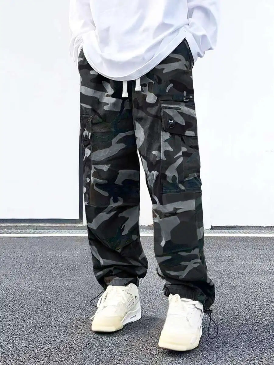 Loose Fit Camo Print Flap Pocket Drawstring Waist Cargo Pants For Men Fall