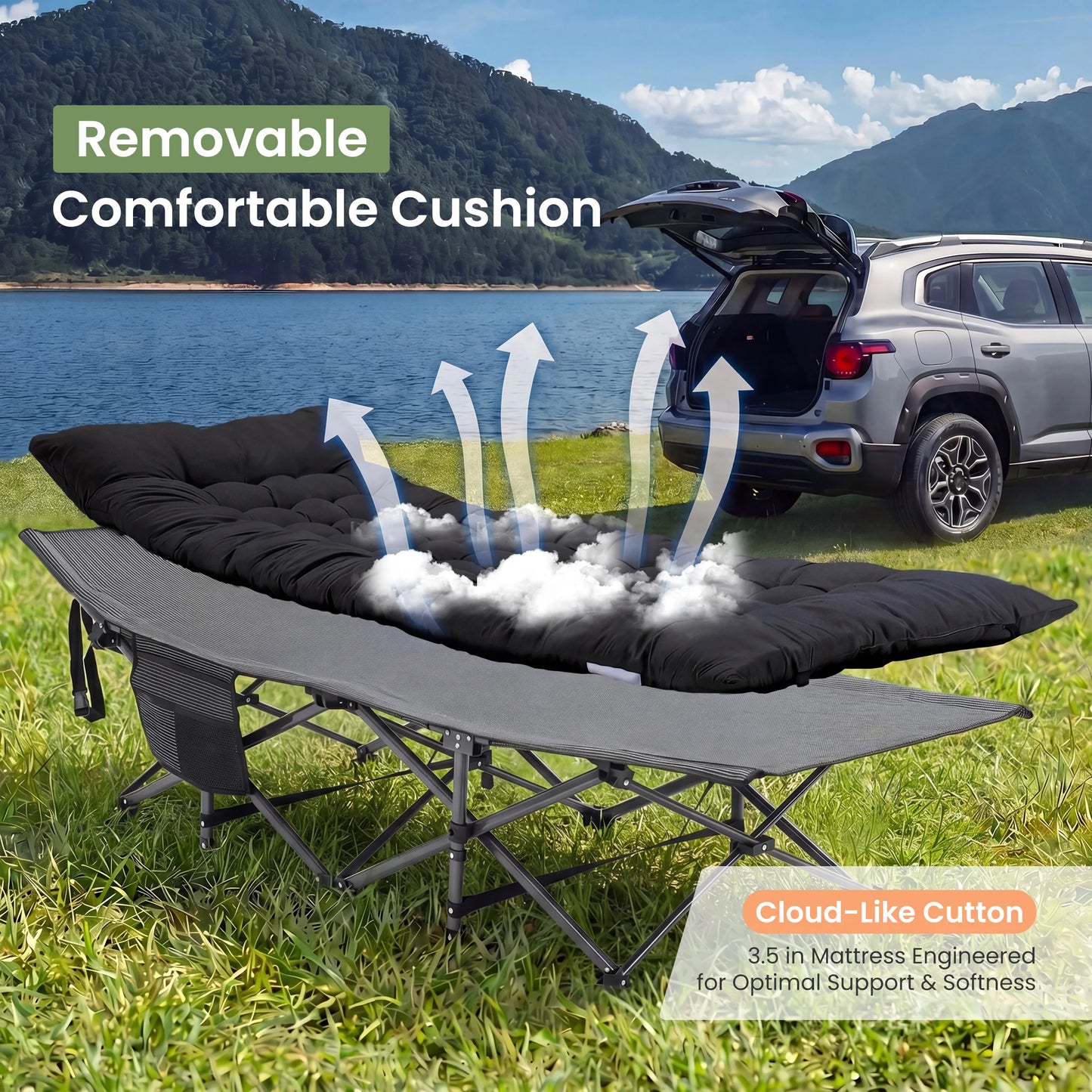 Folding Camping Beach Lounge Chair Portable 3.5'' Cushion 440 lbs Sturdy Frame Compact Carry With Storage Bed for Outdoor