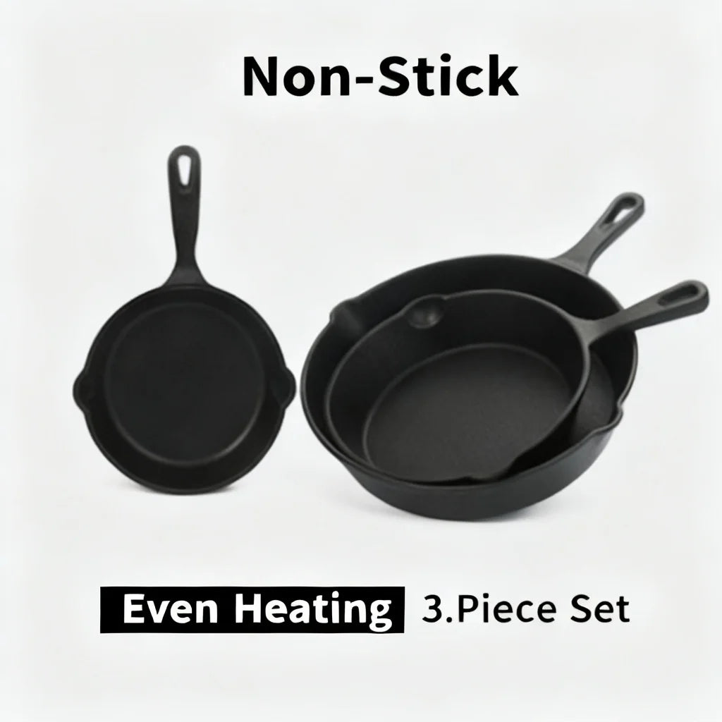 Durable Cast Iron Skillet Set 3-Piece 16cm 20cm 26cm Frying Pan Set for BBQ Grill Stove Cooking Indoor Outdoor Must Have