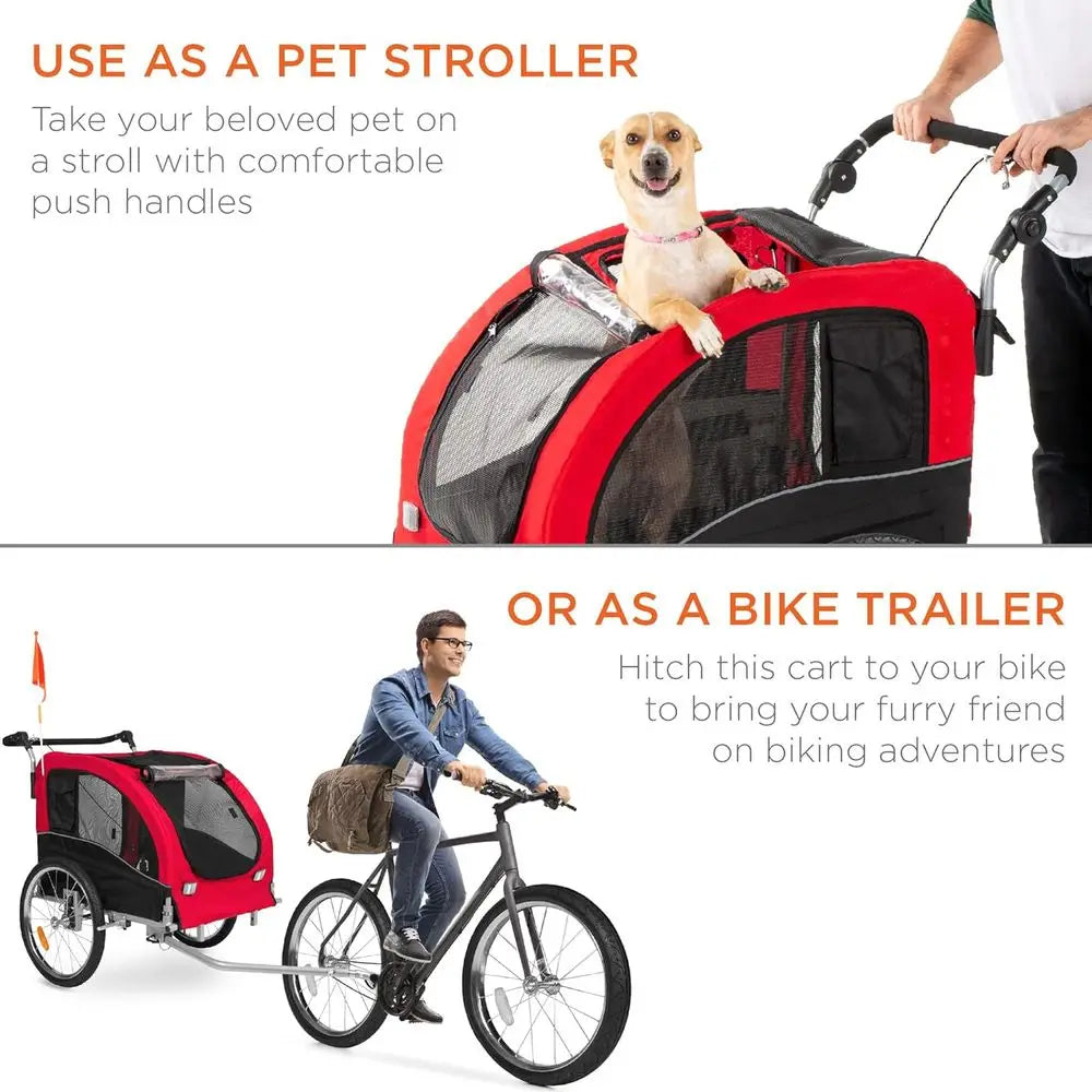 2-in-1 Dog Bike Trailer, Pet Stroller Cycle Carrier w/Hitch, Suspension, Visibility Flag and Reflect, 66 lb Weight Capacity