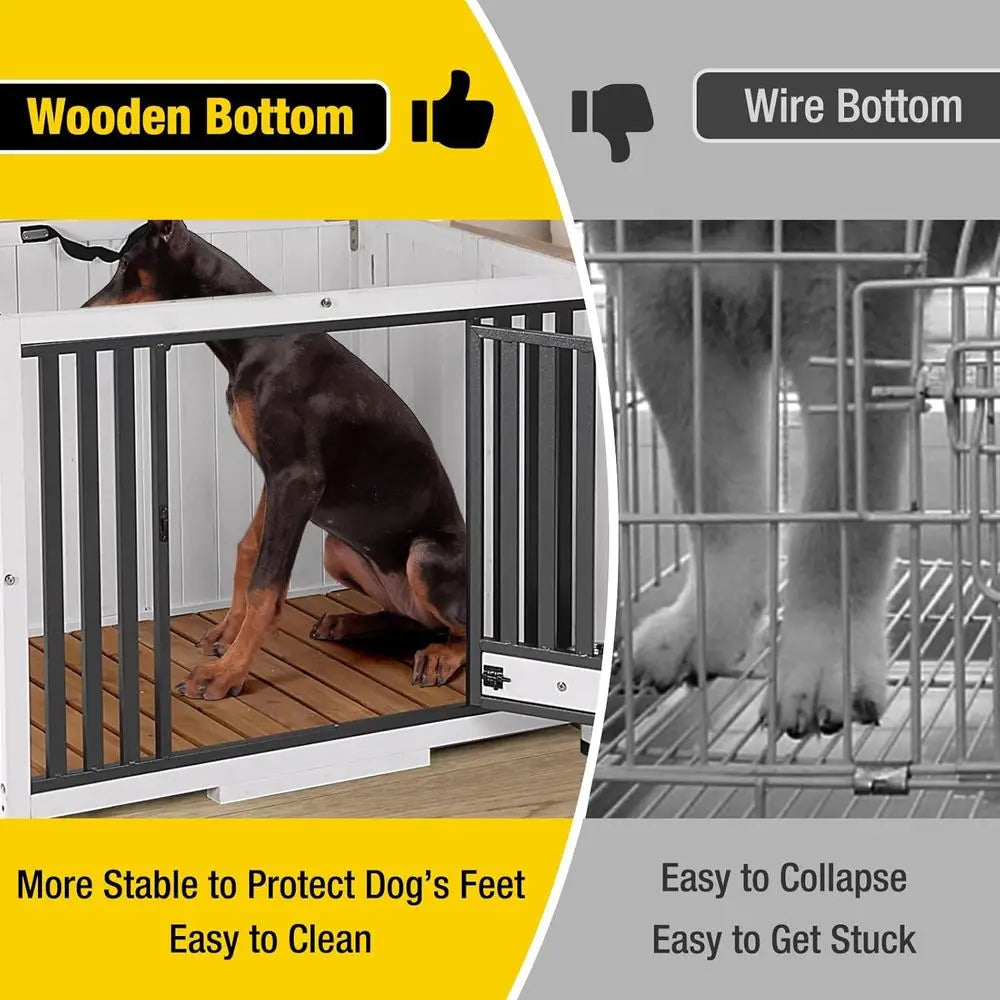 Expandable Wooden Dog Crate with 360° Swivel Bowls, Double-Sided End Table, Indoor Kennel, No Assembly Required