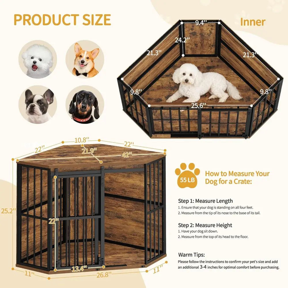 Corner Dog Crate Furniture with Barn Door, Heavy Duty Dog Kennel Indoor, Wooden Decorative Pet Cage for Small, Medium Dogs, Space Saver