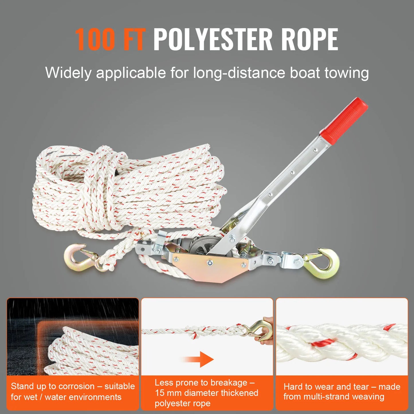 Rope Puller 3/4 T 1653lbs Pulling Capacity with 100' 0.6" Diameter Rope 2 Hook Come Along Winch Heavy Duty Puller Tool