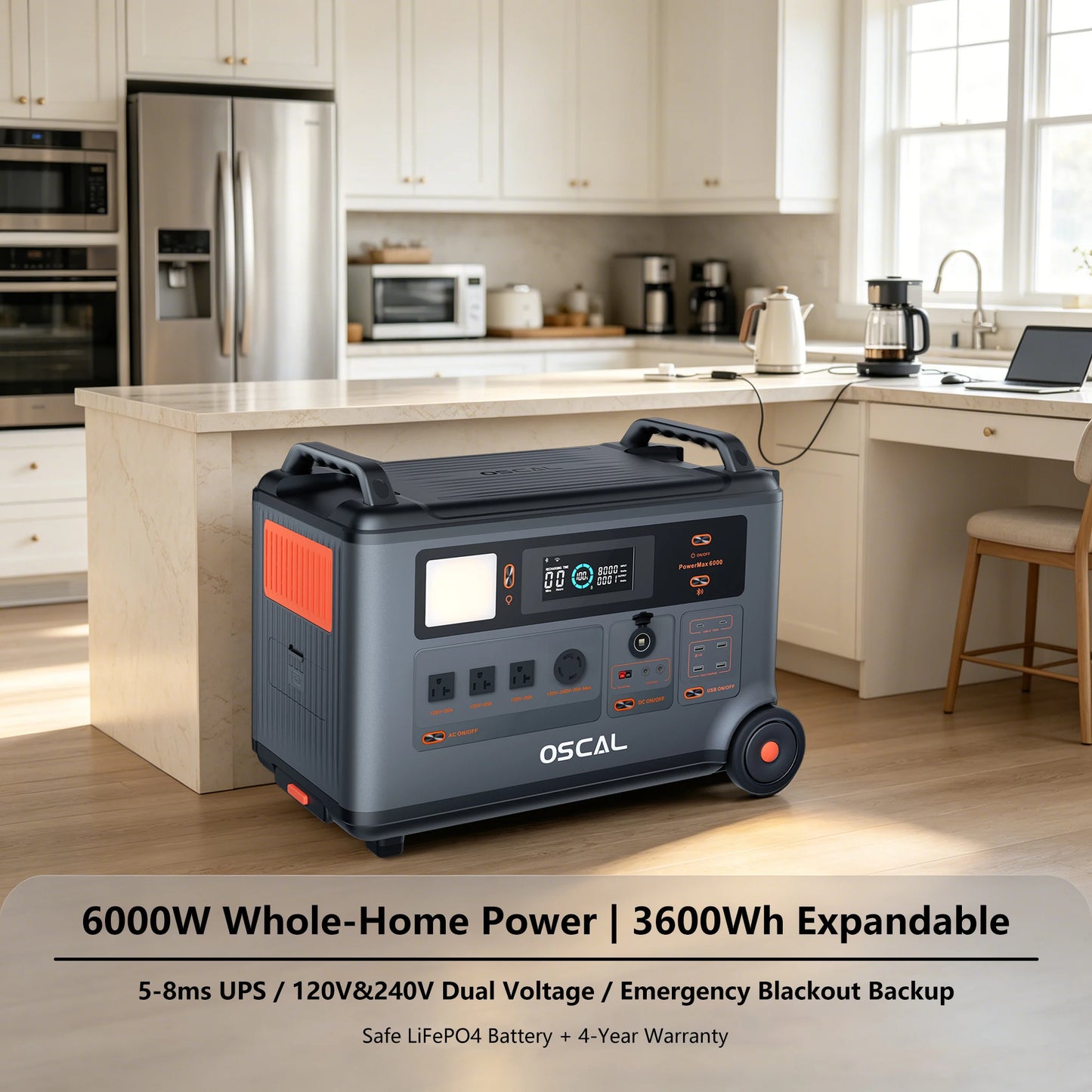 PowerMax 6000 Whole Home Solar Generator, 3600Wh LiFePO4 | 6000W (9000W Surge) | 1.96 H Charge | DC/AC Bi-Directional Inverter | for Home Emergency, Outdoor Camping，Hurricane Backup
