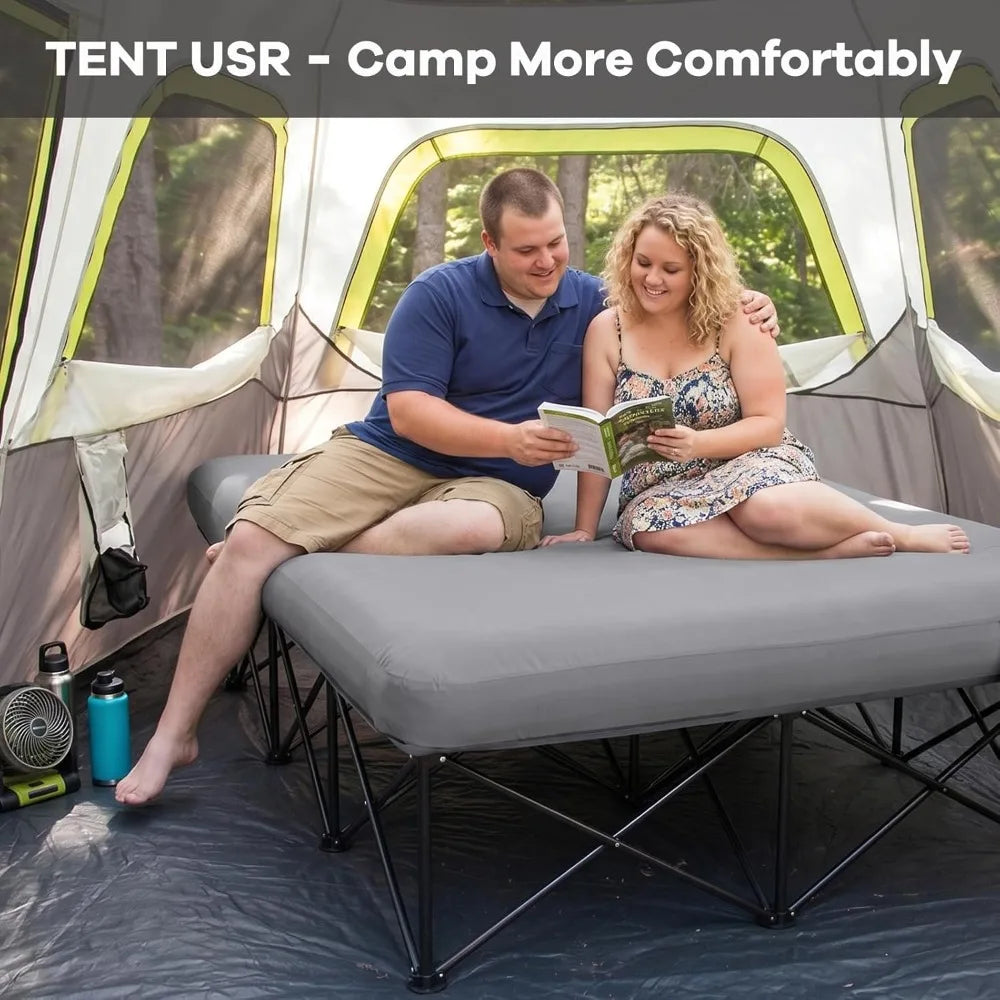 Queen Camping Cot With Electric Pump, Inflatable Air Mattress Bed, Folding Frame, Cup Holders, Carry Bag for Adults, 80x60