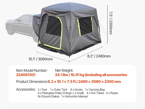 SUV Tent for Camping Waterproof PU2000mm Spacious Double Layer Design SUV Camping Tent with Shade Awning, Mesh Windows