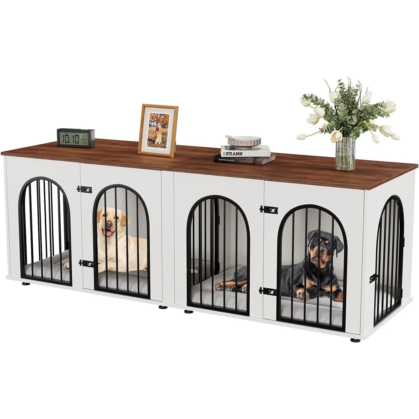 Dog Crate Furniture for 2 Dogs, 71" Dog Kennel Indoor with Cushions, XXL Wooden Dog Crates TV Stand with Removable Divider