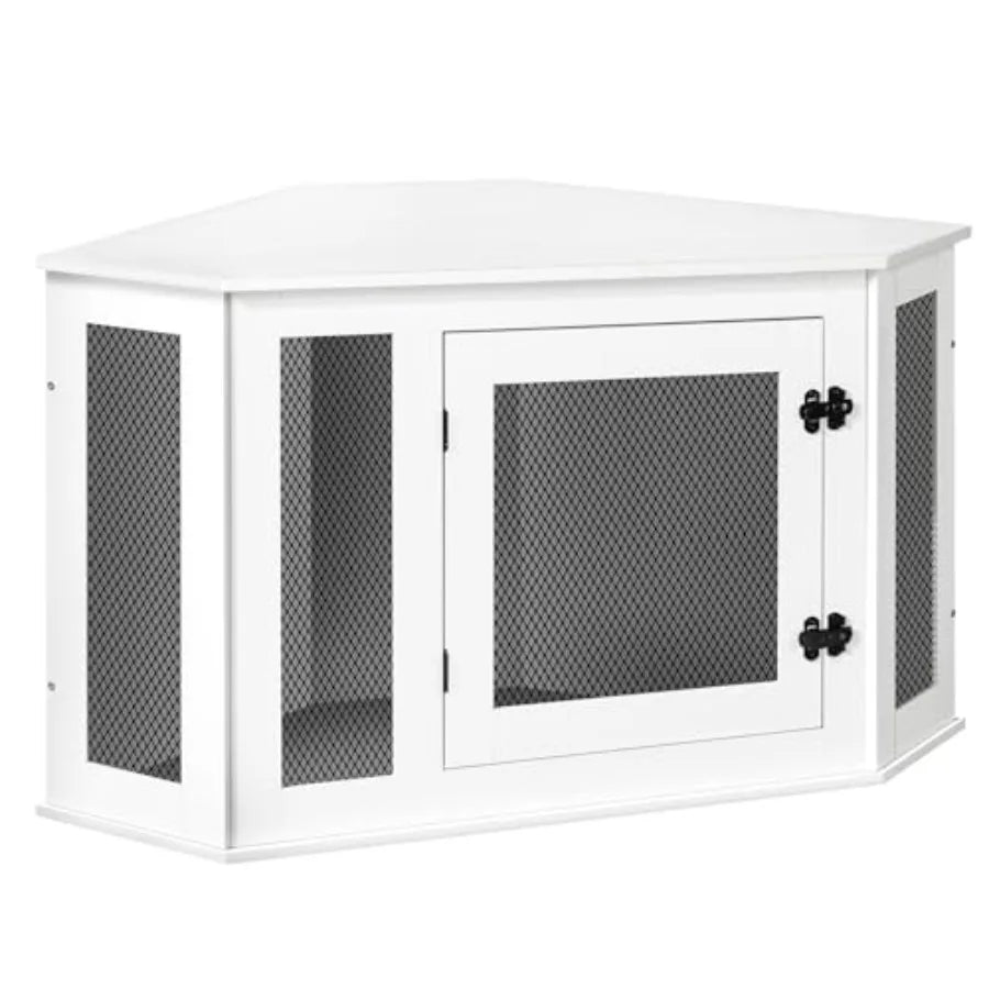 Corner Dog Crate Furniture, Wooden Dog Kennel End Table, Decorative Pet Crate Indoor Use, Furniture Style Dog House for Small to Medium Dog