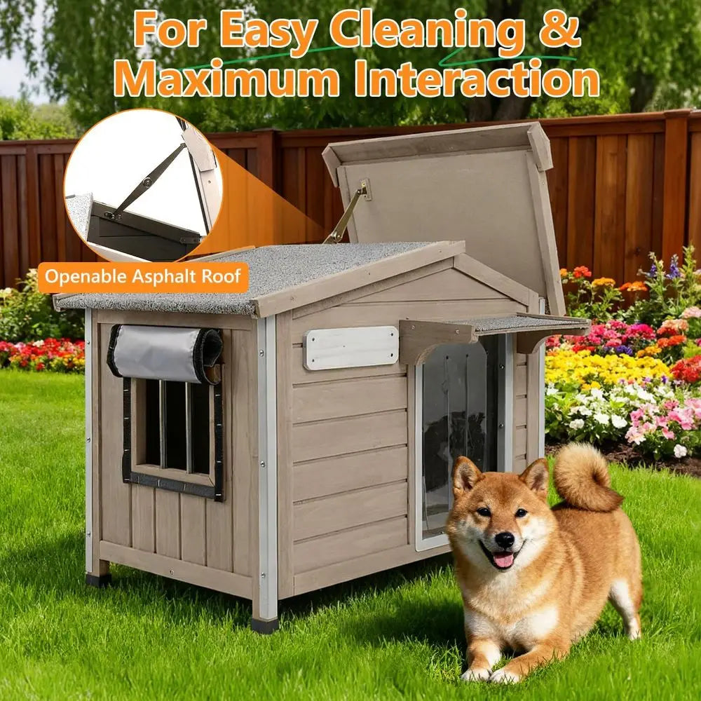 Indoor/Outdoor Dog House with Chew-Resistant, Weatherproof Roof, Window for Small to Medium Dogs