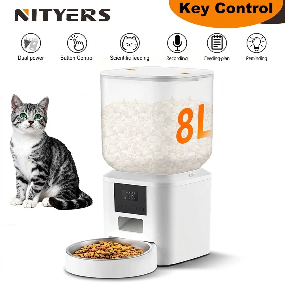 8L Automatic Cat Feeder, Smart Pet Food Dispenser with Key Control, Voice Recorder, Dual Power Supply, Timed Auto Dog Feeder with Stainless Steel Bowl