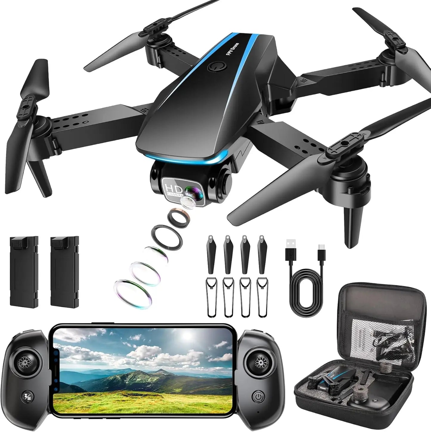 1080P HD Foldable Drone With Camera for Adults, 2 Batteries, Carrying Case, Stable Hover & Trajectory Flight