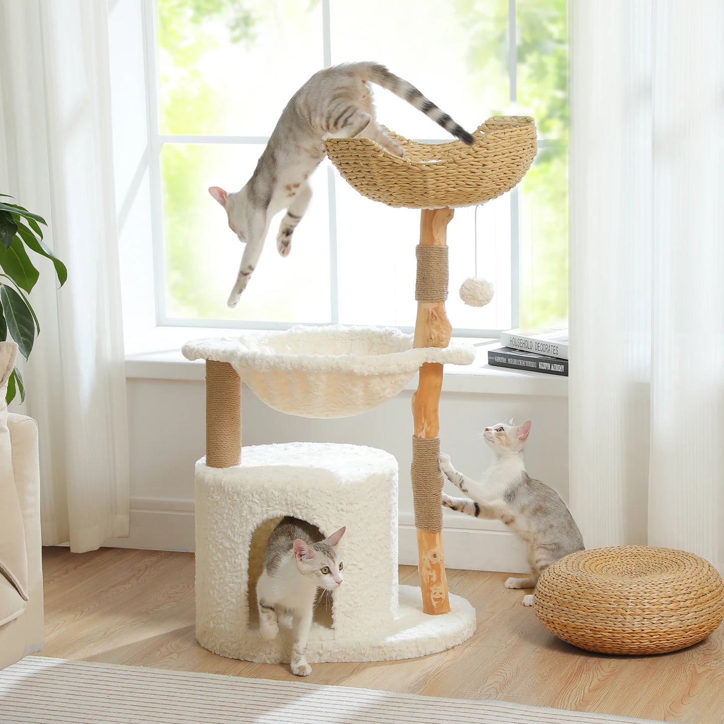 Solid Wood Cat Tree Modern Cat Tower with Spacious Cat Condo, Flower Perches, Fun Pompom, Double Comfort Perfect for Indoor Kittens